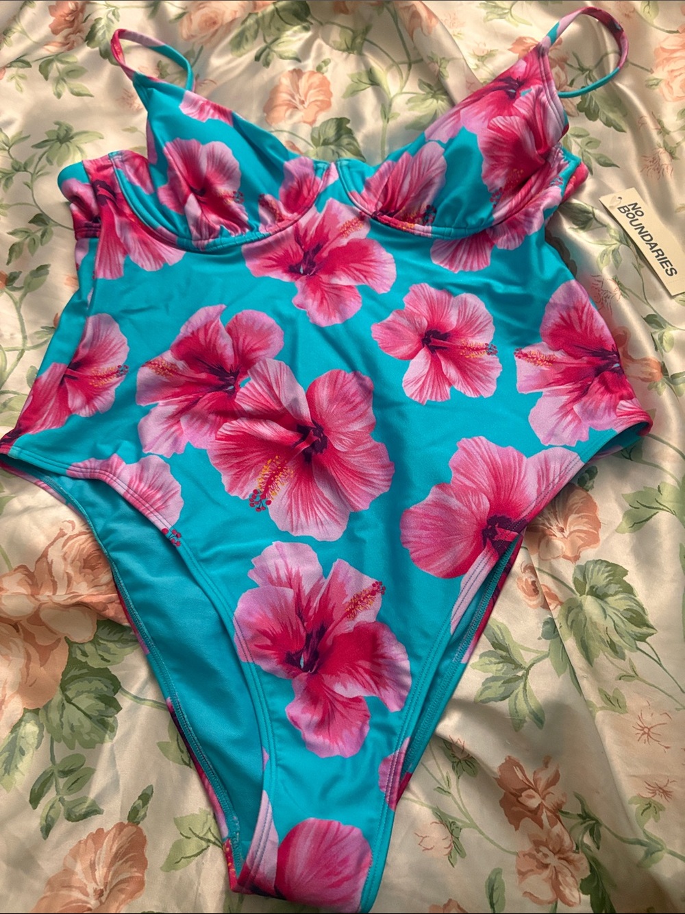 No Boundaries Turquoise One-Piece Swimsuit with Pink Floral Print